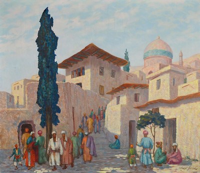 Karel Soucek, geb. 1885, arabische Straßenszene mit reicher Figurenstaffage, Öl/Lwd, signiert, 65 x 75 cm, Rahmen: 74 x 84 cm