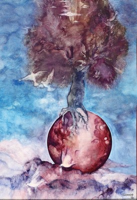 Costa Lefkochir, geb. 1952, zeitgen. griechischer Künstler, surrealistische Landschaft mit Baum und Friedenstauben, Mischtechnik mit Gouache auf ...