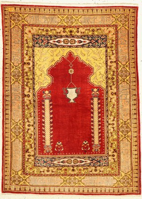 Hereke Seide fein, signiert, Türkei, um 1960, reine Naturseide(Metallbroschiert), ca. 111 x 82 cm, ca. 1 Mio Kn/qm, EHZ: 2