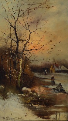 H. Peters, Maler der Düsseldorfer Schule, um 1900, Abendstimmung über verschneiter Landschaft, Öl/Holz, links unten sign., ca. 50x28cm, R. ca. ...