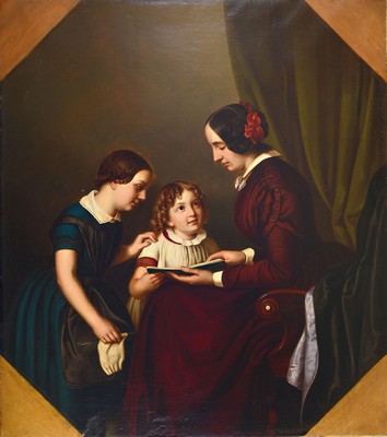 Unbekannter Künstler des Biedermeier, deutsch, um 1820-30, Mutter mit zwei Kindern beim Betrachten eines Buches, Öl/Lwd, feine lasierende Malerei ...
