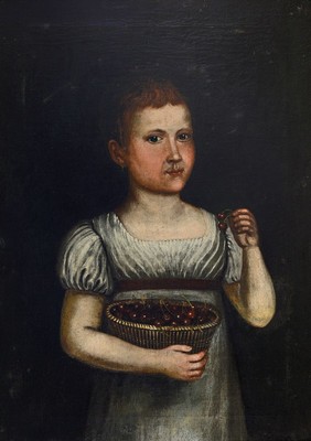 Unbekannter Künstler des Biedermeier, deutsch, Mitte 19. Jh., Porträt eines Kindes mit einem Korb voller Kirschen, Öl/Lwd, rest., doubl., ca. ...