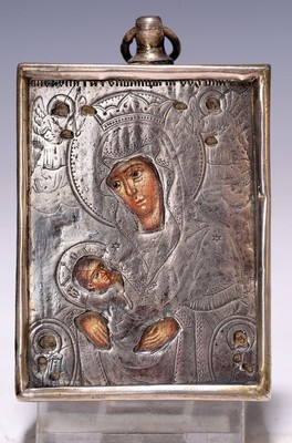 Reiseikone, Russland, um 1890/1900, Mutter Gottes mit Kind,, Eitempera auf Holz, 84er Silberoklad, graviert, l. Altersschäden, ca. 6.5 x 5 cm