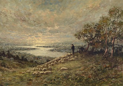 Unleserlich signiert, deutsch, 1. Hälfte 20. Jh., Schäfer mit seiner Herde in wohl niederrheinischen Landschaft, Abendstimmung, feine ...