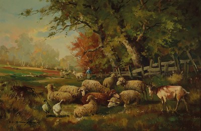 O.C. Schuster, Maler des 20. Jh., Schafe, Ziegen und Gänse auf einer Weide am Waldrand, Öl/Lwd, links unten sign., ca. 40x60cm, R. ca. 47x67cm