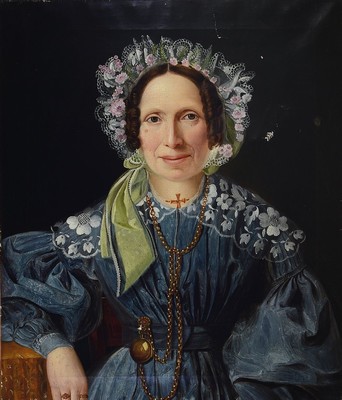 Ferdinand Moritz, datiert 1838, Porträt der Friederike Jahns im blauen Seidenkleid mit Spitzenkragen und -haube, Öl/Lwd, rückseitig beschriftet: ...