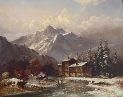 Eduard Schmidt, 1806-1862 Berlin, Studium an der Akademie Berlin bei Carl Blechen und Ludwig Doells, hier: Wintermorgen in den Bairischen Alpen ...