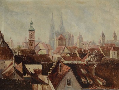 Carl Horn, 1874 Kassel-1945 München, Studium an der Akademie München, hier: Blick über die Dächer auf Regensburg, Öl/Lwd, rechts unten signiert, ...