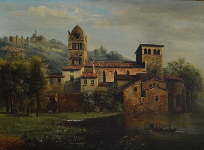 Unbekannter Künstler, Italien, 19. Jh., Blick auf eine Burganlage am Seeufer, Öl/Lwd, unsigniert, altersbedingt krakeliert, ca. 25x35cm, R. ca. ...