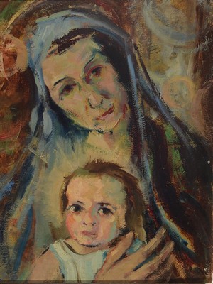 Franz Juncker, 1899 Speyer-1980 Homburg, Theologe, Lyriker und Maler, hier: Mutter mit Kind, Öl/Holz, ca. 40x30cm, R. ca. 44x34c,