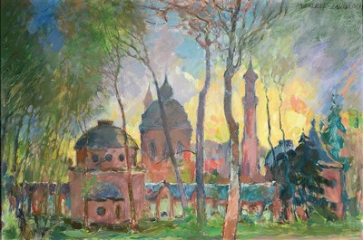 Adolf Merkel-Langkoch, geb. 1900 in Schwetzingen, Die Moschee im Schwetzinger Schloßgarten, Öl/Malkarton, rechts oben signiert, ca. 60x90cm, R. ca. ...