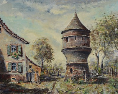 Otto Harlos, 1941 Hermersberg-2014 Saarbrücken, 2 Arbeiten in Öl/Lwd, 1) Wehrturm, links unten sign., ca. 40x50cm, R. ca. 48x58cm; Vor der Stadt, ...