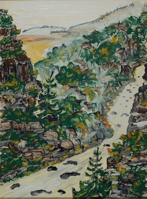 Emailmalerei Eisenhüttenwerk Thale, Löwenemail, Manfred Hahn, geb. 1933 Claußnitz, Landschaft, Email auf Kupfer, sign. und dat. 87, ca. 52x38cm, ...