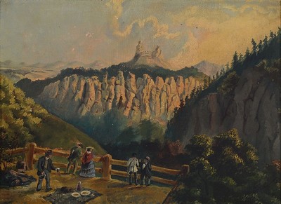 Unbekannter Künstler, datiert (18)92, Personen blicken ins Elbsandsteingebirge, Öl/Lwd, unsigniert, rückseitig dat. 24.I.92, ca. 20x26cm, R. ca. ...