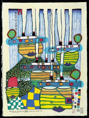 Friedensreich Hundertwasser, 1928 Wien - 2000 Queensland/Australien, "Pacific Steamer" (1986), Farbholzschnitt auf Japanpapier, Druckin 30 ...