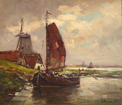 Harry Haerendel, Hamburger Maler, 1896-1991, Fischerboote vor Mühle, Öl/Lwd, signiert, ca. 60 x 70 cm, Rahmen