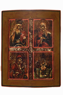 Ikone, Russland, 2. Hälfte 19. Jh., Vierfelderikone m. Mutter Gottes Darstellungen: Versprechen der Leidenden, Trost der Gefallenen, Lindere meinen ...