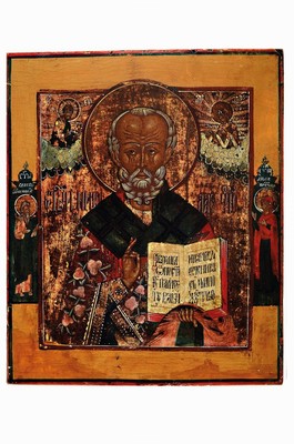 Ikone, Russland, 2. Hälfte 19. Jh., Hl. Nikolaus der Wundertäter, mit Christus und Maria im Hintergrund, li. Schutzengel und rechts Johannes der ...