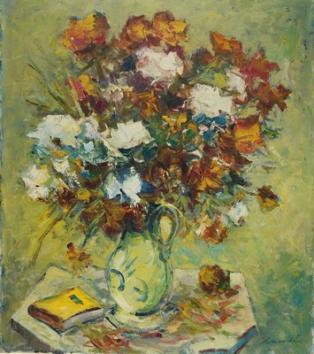 Robert Lauth, 1896-1985 Ludwigshafen am Rhein, Blumenstillleben mit Buch, Öl/Lwd, rechts unten signiert, ca. 80x70cm