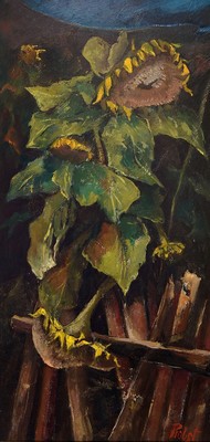 Franz Probst, 1912 Füssen-1999, Sonnenblumen, Öl/Hartfaser, rechts unten signiert, ca. 83x41cm, R. ca. 91x48cm
