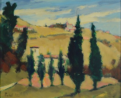 Franz Probst, 1912 Füssen-1999, Landschaft in der Toskana, Öl/Hartfaser, links unten signiert und bez.: 182, ca. 25x30cm, R. ca. 37x42cm
