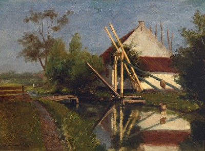 Gustav Schönleber, 1851 Bietigheim-1917 Karlsruhe, Brückenhaus am Kanal, Öl/ Malkarton, links unten signiert, ca. 27x37cm, R. ca. 46x55cm