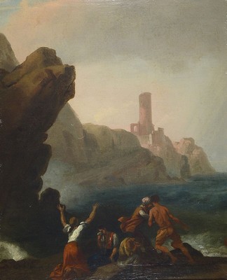 Unbekannter Maler, deutsch, 2. Hälfte 19. Jh., Uferlandschaft, im Hintergrund eine Burg, im Vordergrund aufgeregte und trauernde Menschen, ...