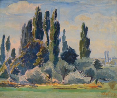 Adolf Doerner, 1892-1964 Ilbesheim/Pfalz, Studium an der Akademie Karlsruhe bei Albert Haueisen, hier: Landschaft mit Pappeln, Öl/ Lwd, rechts unten ...