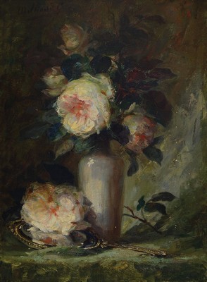 M. Schmid G., Wiener Schule, um 1890, Rosenstillleben in Vase mit Spiegel, feine impressionistische Sicht in den Grün-und Grautönen, gute ...