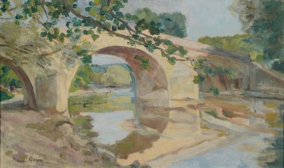 Renée Gerin, französische Künstlerin, um 1900,malte ausschließlich Landschaften der Bourgogne, hier: Flußlandschaft mit Brücke, Öl/Lwd, links ...