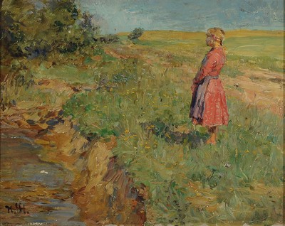 Monogrammist M.H., England, um 1900, Mädchen auf der Wiese mit Blick auf einen Bach, Öl/Malkarton, kleinere Farbfehlstellen, links u. monogr., ca. ...