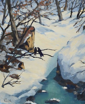 Franz Probst, 1912 Füssen-1999, Verschneite Winterlandschaft mit Bach und Bäumen, Öl/Hartfaser, links unten signiert, ca. 66x54cm, R. ca. 72x61cm