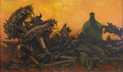 Franz Probst, 1912 Füssen-1999, Stillleben mit Sonnenblumen, Öl/Hartfaser, seitlich links signiert und dat. 79, ca. 49x83cm, u.Gl., R. ca. 51x85cm
