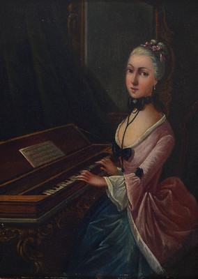 Unbekannter Künstler, deutsch, um 1840, Frau am Spinett, Öl/Holz, ca. 24x17cm/41x33cm, Rahmen mit Perlleistenverzierung und Durchbrucharbeit