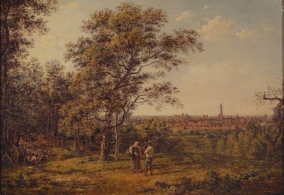 Unbekannter Künstler, deutsch, um 1840, Begegnung in idealer Landschaft, seitlich rastende Menschen und Vieh, im Hintergrund eine Stadtansicht, ...