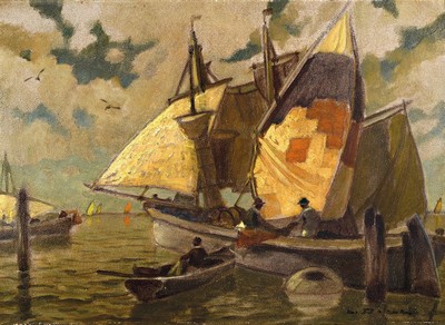 Ludwig Dill, 1848 Gernsbach-1940 Karlsruhe, Fischerboote bei Chioggia, Öl/Malkarton, rechts unten signiert, ca. 35x48cm, R. ca. 53x66cm