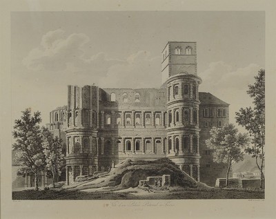 J.M. Bence, J.B. Reville, F.B. Lorieux, Stahlstich von 1816-20, Ansicht der Porta Nigra in Trier. Vue d'un Palais Pretorial a Treves, ca. ...