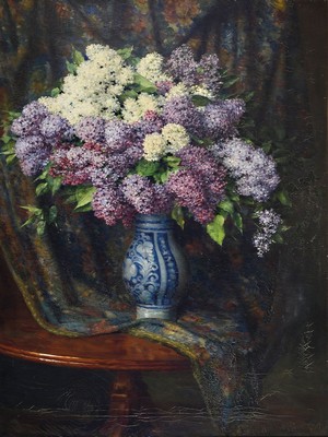 Heinrich Friedrich Dietzsch, 1882-1956 Kassel, Großes Stillleben mit weißem und lila Flieder in Westerwälder Krug, Öl/Lwd, rechts unten signiert, ...
