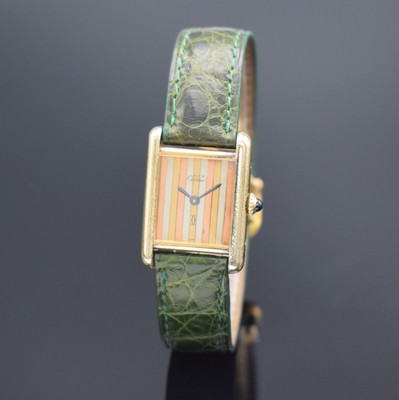 CARTIER Armbanduhr Modellserie Tank, Handaufzug, Schweiz um 1980, verg. Sterlingsilbergeh. inkl. orig. Lederband m. verg. orig. Dornschl., ...