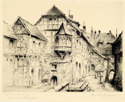 Ernst Gustav Zipperer, 1888 Ulm - 1982 Heilbronn, Besuch der Kunstgewerbeschulen Hannover und Kassel, "Im Wartburghof", Kaltnadelradierung, ...