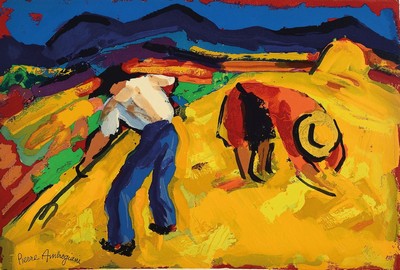 Pierre Ambrogiani, 1907 Ajaccio - 1985 Allauch, zwei Farbholzstiche auf Bütten, "Les faucheurs" und "Les gitans", Paris um 1960, ...