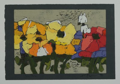 Klaus Fußmann, geb. 1938 Velbert, gelber und roter Mohn, Farblinolschnitt auf grünem Papier, signiert, bez.: e.a., ca. 29.5x42cm, u.Gl., R. ca. ...