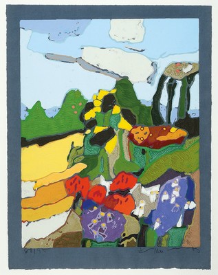 Klaus Fußmann, geb. 1938 Velbert, Landschaft mit Blumen, Farblinolschnitt auf blauem Papier, handsign., num. 81/95, ca. 53x42cm, u.Gl., R. ca. ...