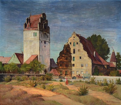 Paul Blume, 1900 - 1980 Mannheim, süddeutscher Maler, großformatige Ansicht der Stadtmühle Dinkelsbühl, verso auf Keilrahmen bez., rechts unten ...