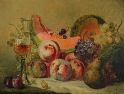 Josef Himmel, 1869 Karlsruhe - 1941, Früchtestillleben mit Pfirsischen, Melone, Trauben u. weiteren Früchten, rechts unten signiert, Öl/Karton, ...