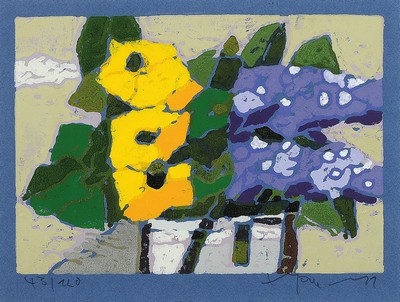 Klaus Fußmann, geb. 1938 Velbert, Sumpfdotterblumen und Flieder, Farblinolschnitt auf blauem Papier, handsigniert und num. 43/120, ca. 21x30cm, ...
