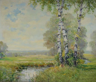 Emil Bartoschek, 1899 Czukow/Oberschlesien - 1969 Waldbrunn, Meisterschüler von Otto Müller Breslau, Sommerliche Wiesenlandschaft mit Bach und ...