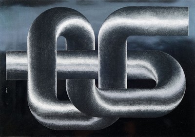 Patrick Dupre, geb. 1945 Paris, Gravur-Reproduktion auf Aluminiumfolie, "Sculpture cinetique", OP-Art Komposition aus verschlungenem ...