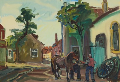 Emil Rizek, 1901 - 1988 Wien, Studium an der Akademie Wien bei Anton Hlavacek, umfangreiche Studienreisen, hier: Ansicht eines Hufschmiedes bei der ...