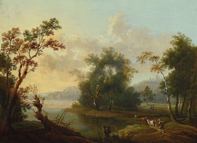 Unbekannter Künstler der Spätromantik, um 1860-70, Weite Seeuferlandschaft mit Baumgruppen, Personen und Vieh, im Hintergrund Felsen und eine Burg, ...